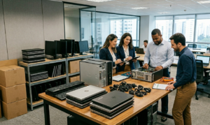 Profissionais de TI em um escritório moderno organizando e fazendo manutenção em equipamentos como notebooks, monitores e CPUs sobre uma grande mesa de madeira.