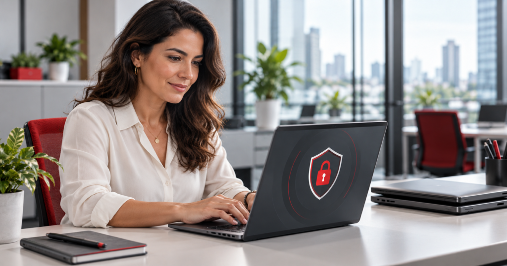 mulher usando notebook, simbolo de segurança de dados